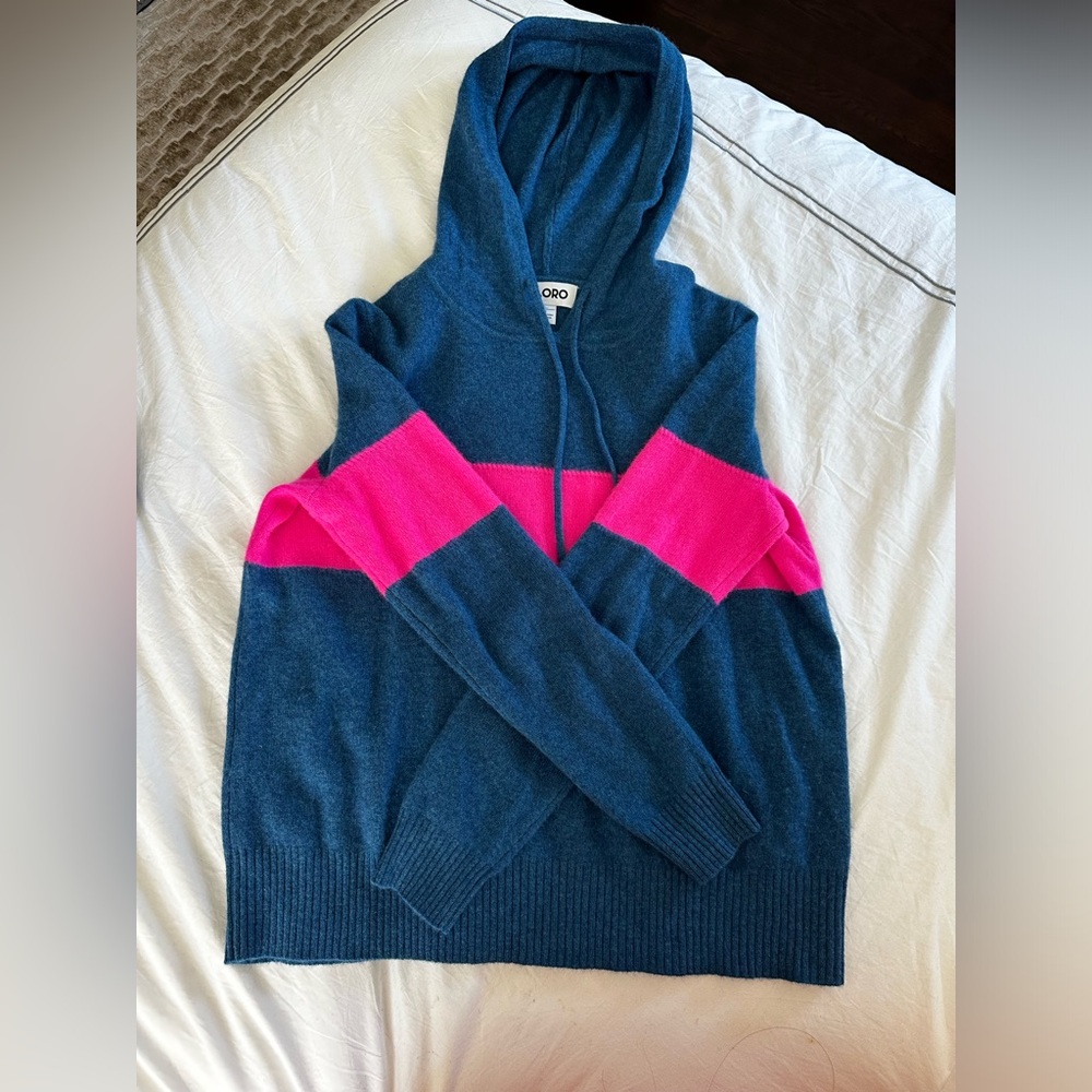 Cozy Hooded Stripe Sweater - Blue with Pink Accent